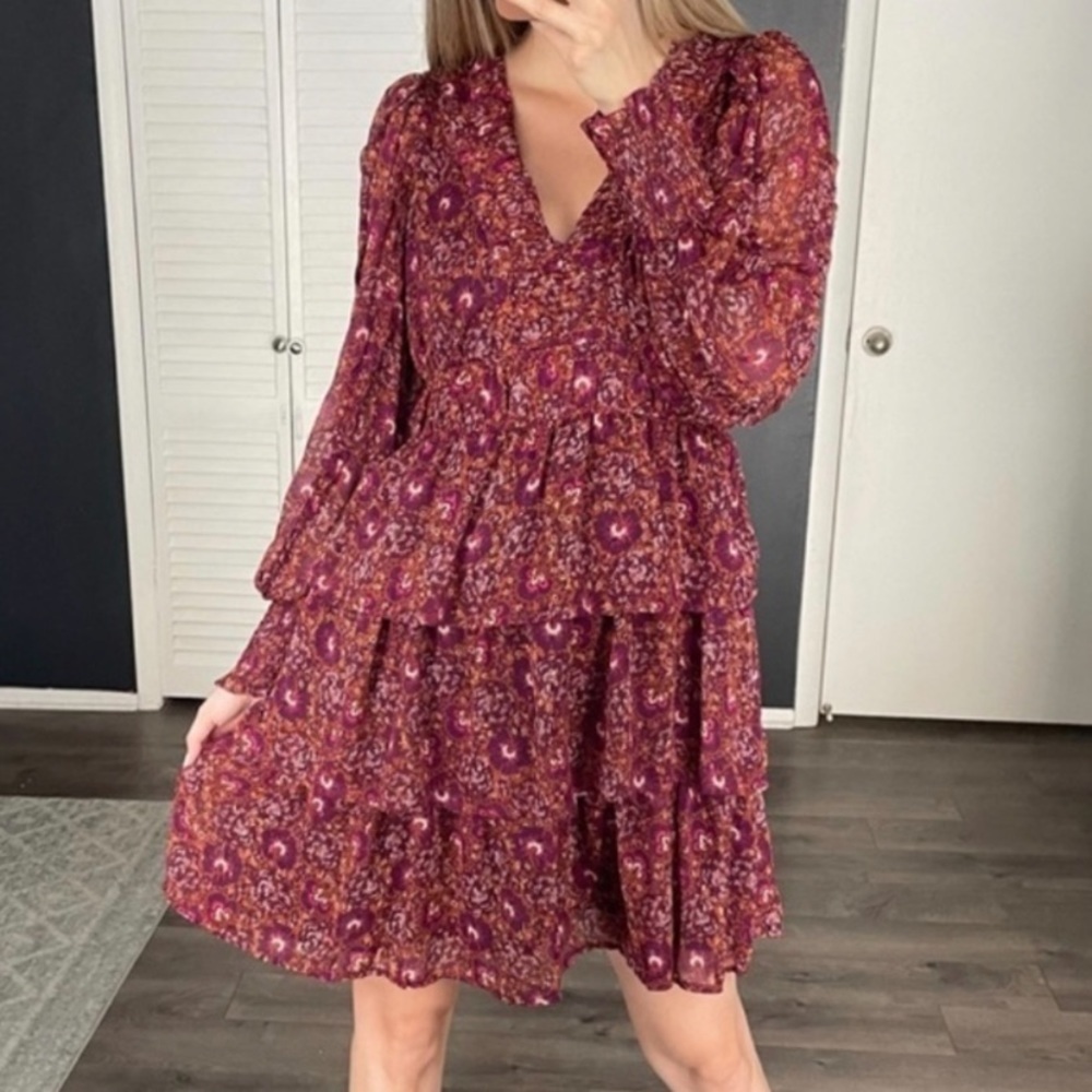 House of Harlow 1960 Floral Deep V Neck Ruffle Tiered Cottagecore Boho Dress